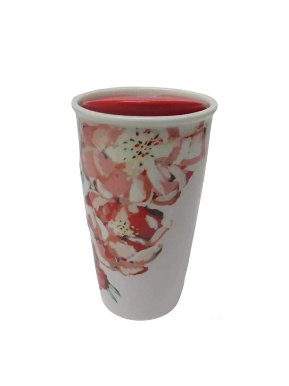 Starbucks Red & Pink Poppy Flowers Ceramic Travel Tumbler 10 Oz Coffee Mug 2015